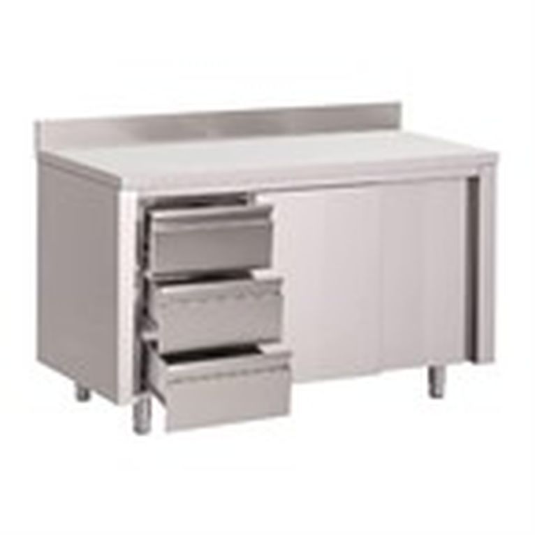 Table armoire inox avec dosseret 3 tiroirs à gauch